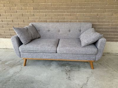 Mid-Century Modern Grey Fabric Loveseat Sofa with Wooden Legs and Tufted Back - Excellent Condition