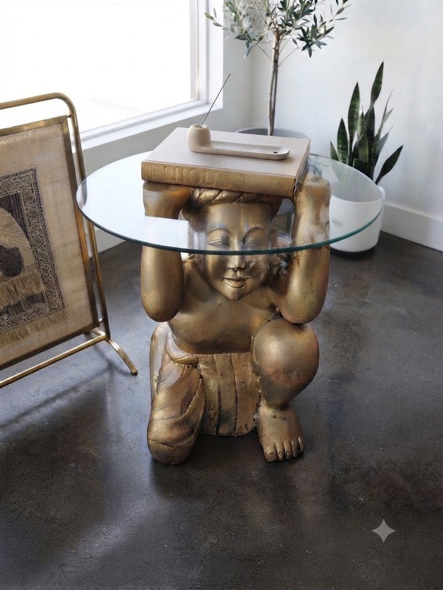 Vintage Hand-Carved Gold Gilt Kneeling Figure Pedestal Side Table
