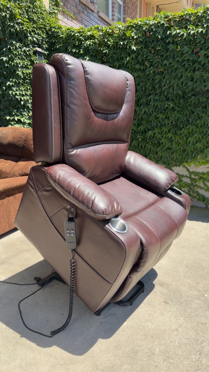 Big and tall power lift recliner dual motor brown leather