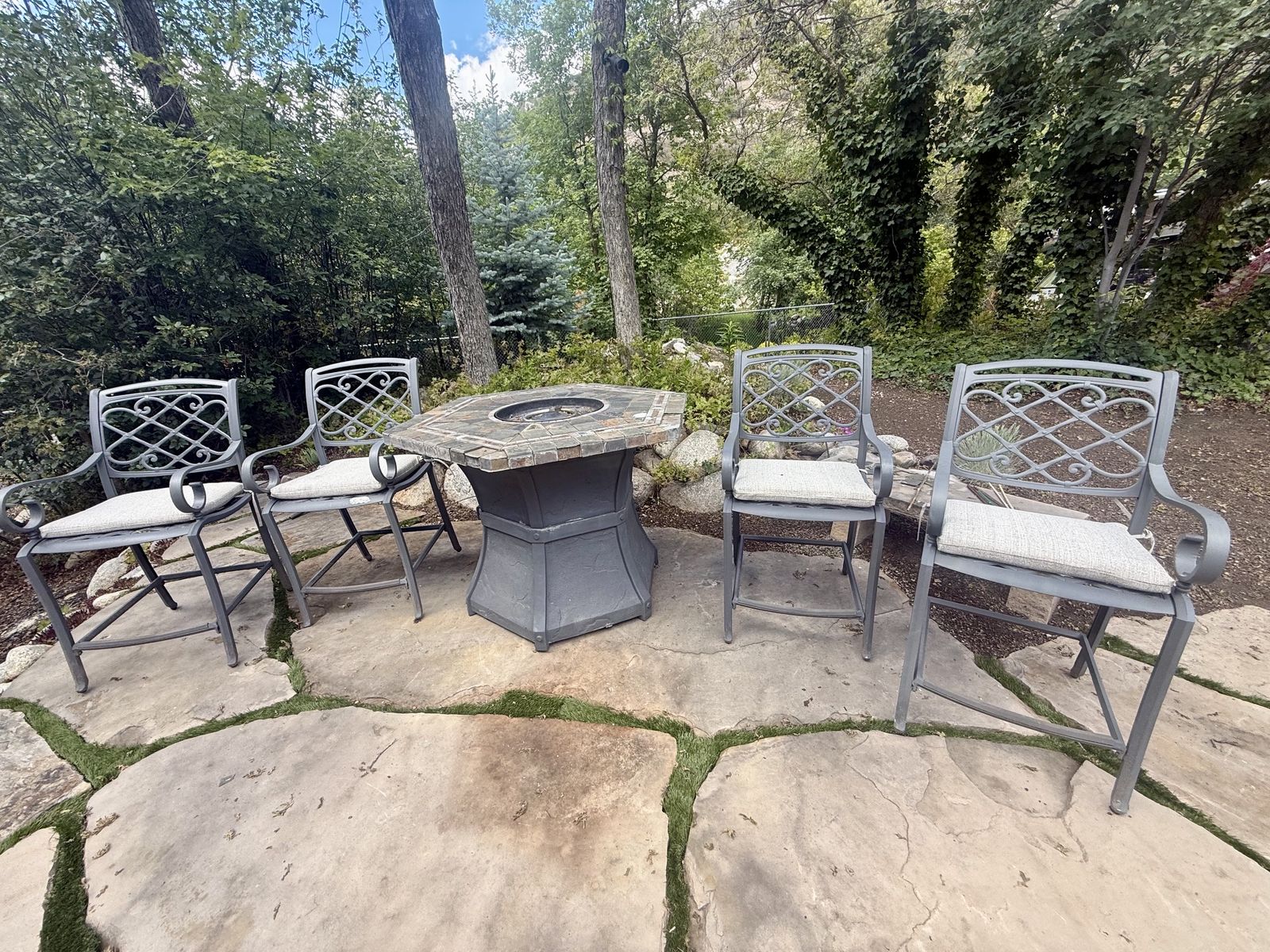 Propane Fire Table + 4 Chairs with NEW Cushions – Outdoor Dining & Warmth in One!