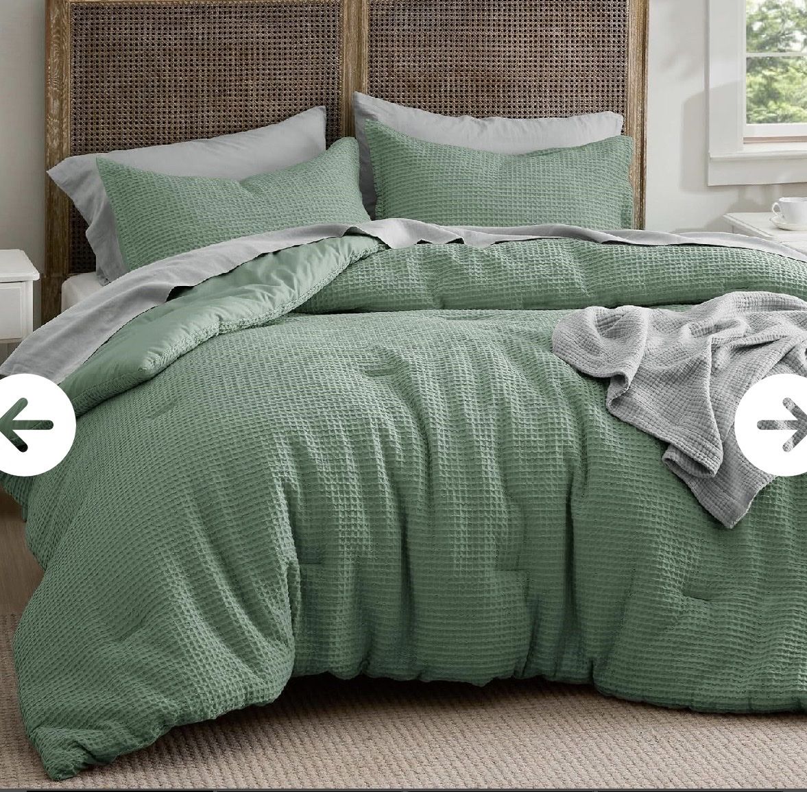 New. King Size Waffle Weave Comforter Set, Sage Green, 100% Cotton Shell & Polyester Lining, Includes Comforter And 2 Shams.