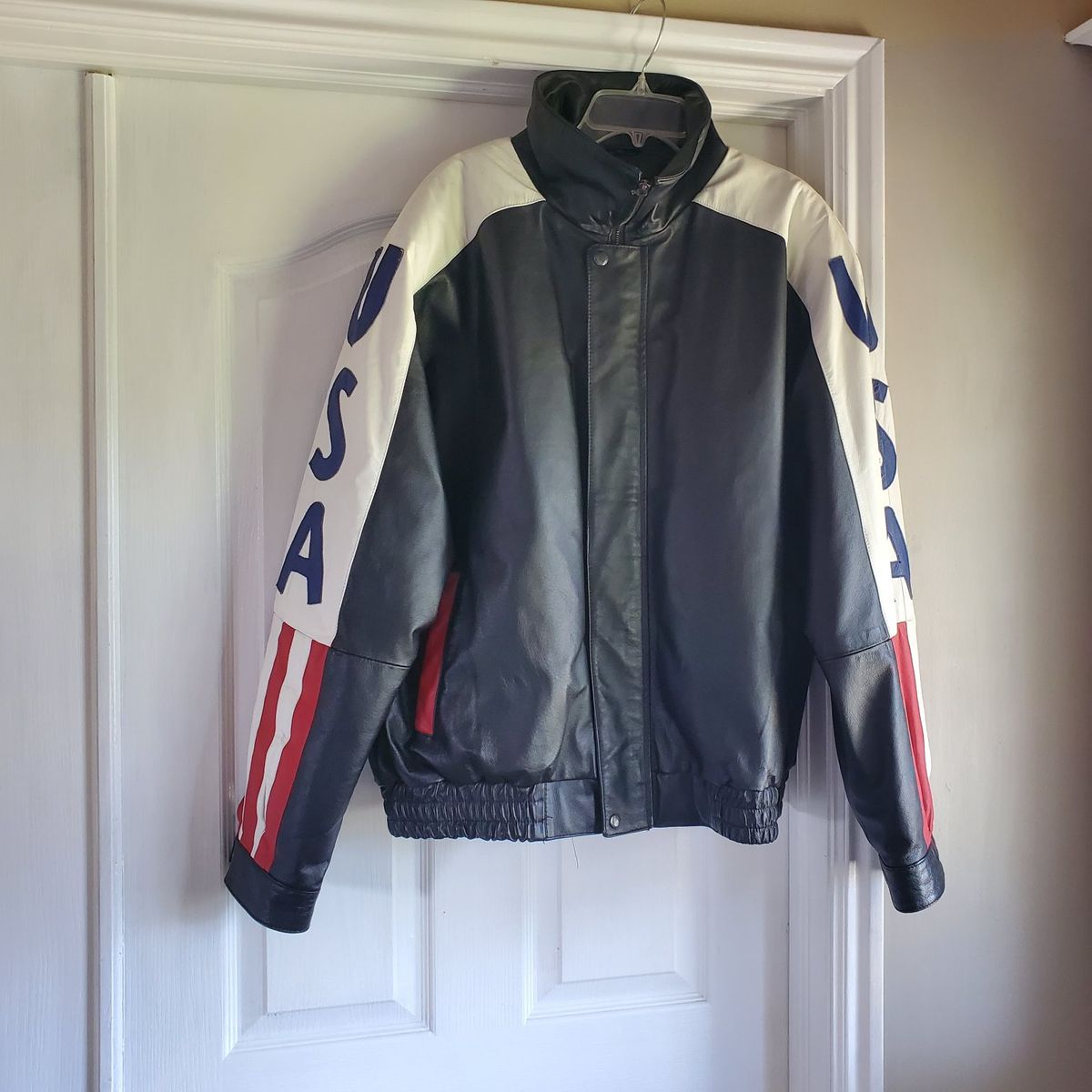 Vintage Leather U.S.A. Patriotic American Flag Bomber Jacket Size 2XL