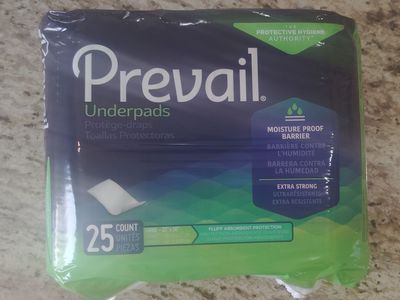 Brand New Prevail Fluff Incontinence Under pads (Size Large 23" - 36") Containing 25 disposable Pads