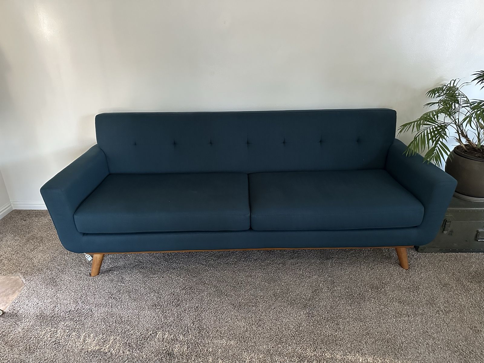 Modern Blue Fabric Sofa with Tufted Back and Wood Legs