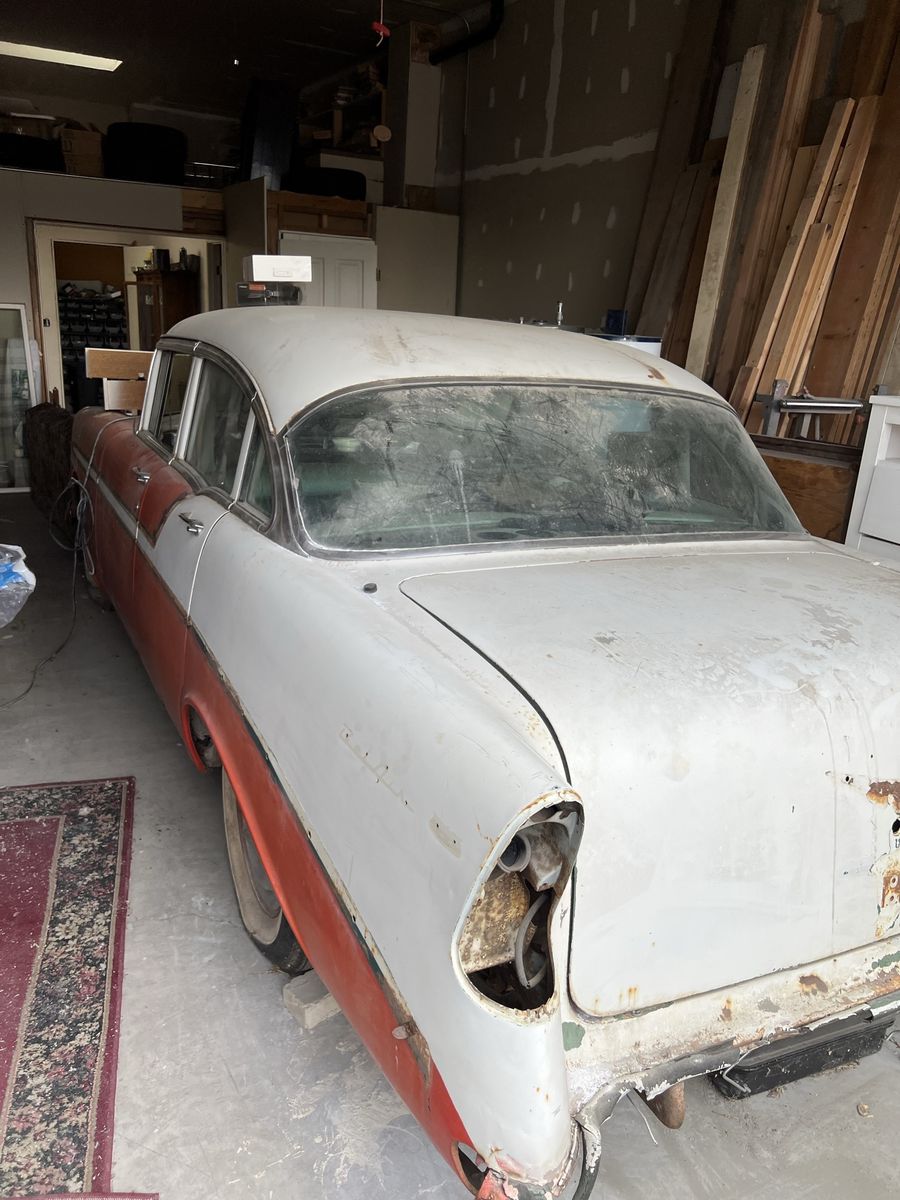 56 Chevy belaire 4 door Vintage Classic Project Car Sedan - Red and White Restoration Project