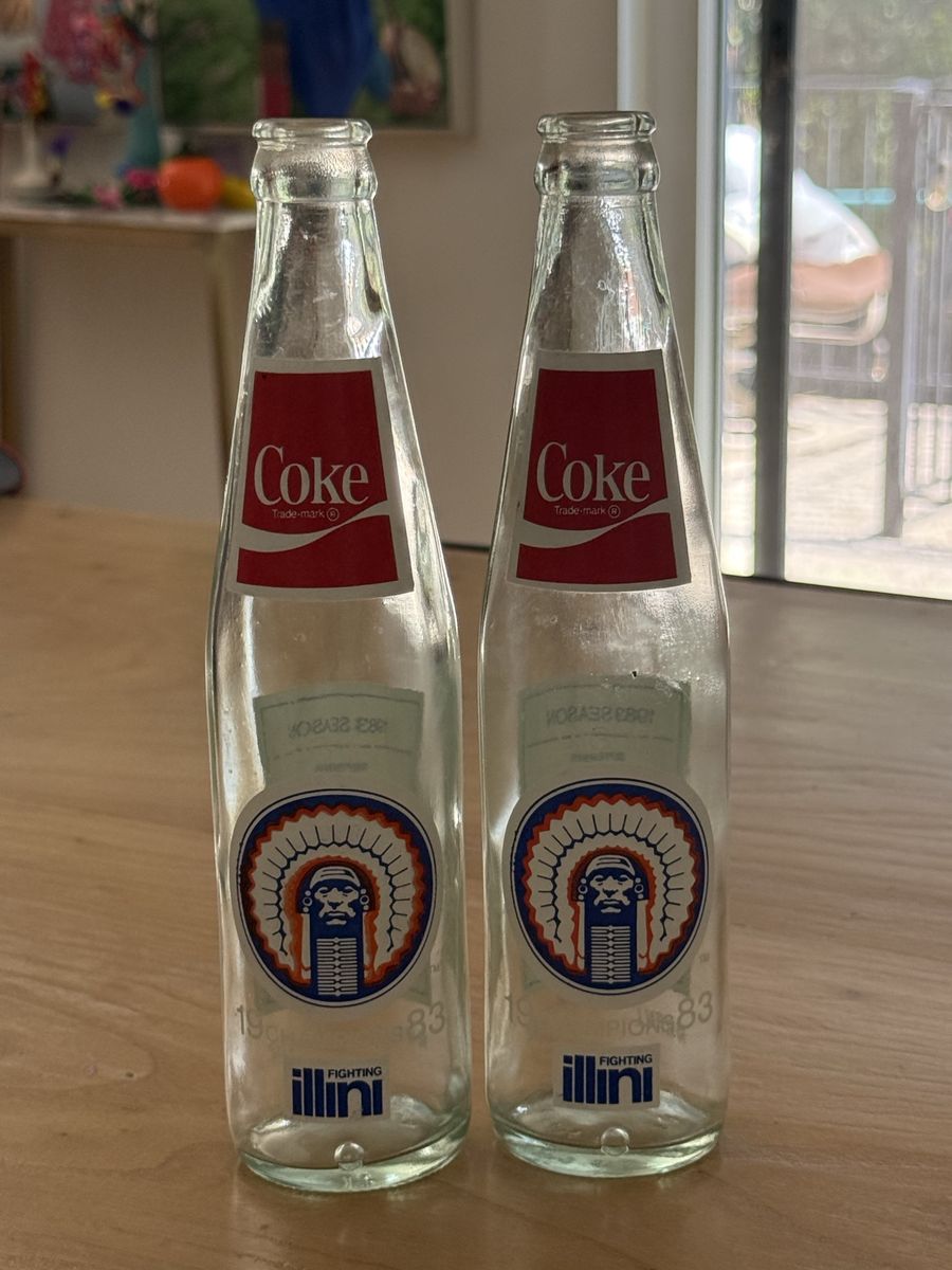 Vintage 1983 Illinois Fighting Illini Coca-Cola Rose Bowl Glass Bottles (Set of 2)