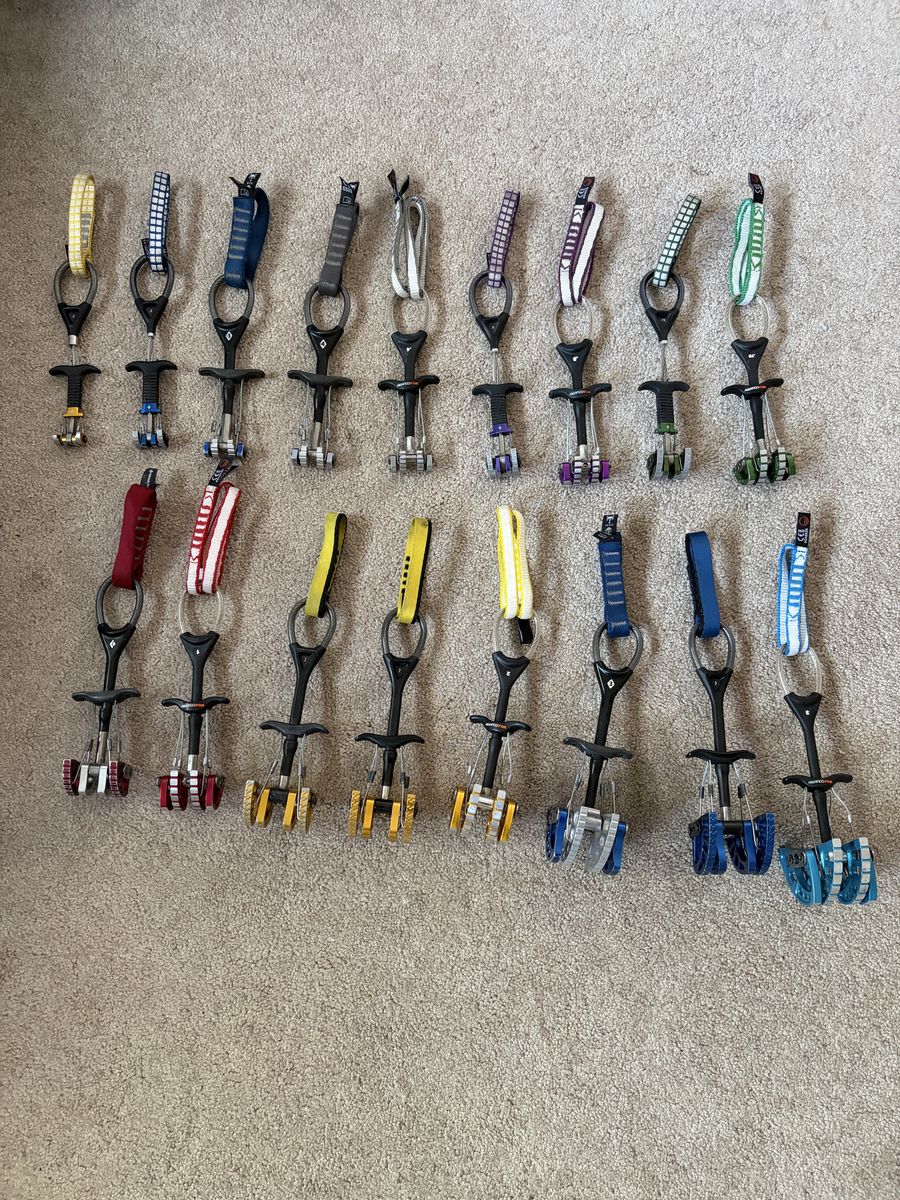 Climbing Cams .2 x1, .3-1 x2, 2-3 x3 (Mix of Black Diamond and Wild Country)