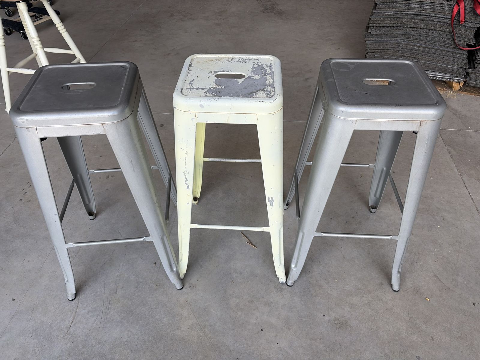 Industrial Metal Bar Stools - Set of 3 (2 Silver, 1 Cream) - Counter/Bar Height, Distressed Finish