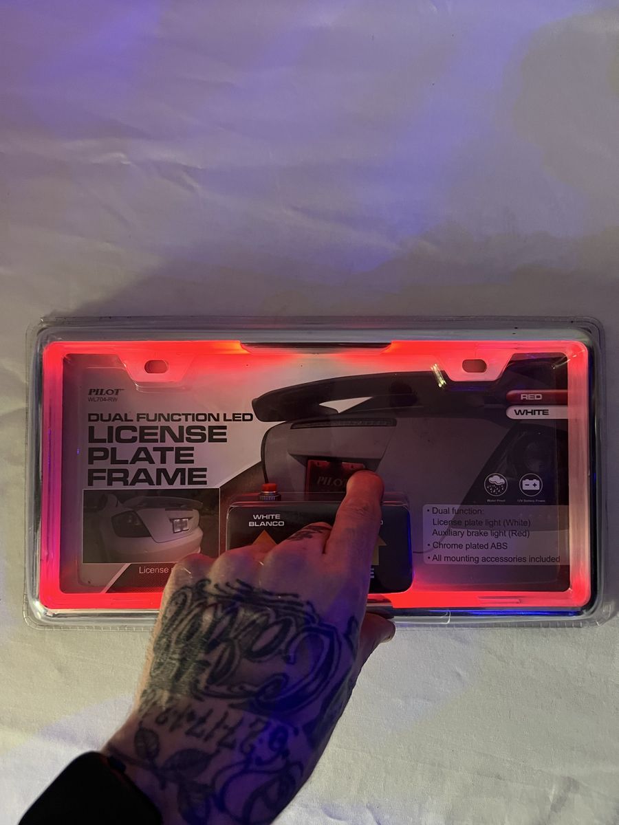 Brand-New Dual Function LED License Plate Frame - White & Red Lights, Chrome ABS