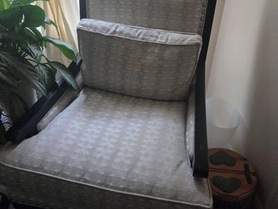 Elegant Upholstered Armchair with Nailhead Trim - Light Patterned Fabric & Dark Wood Frame