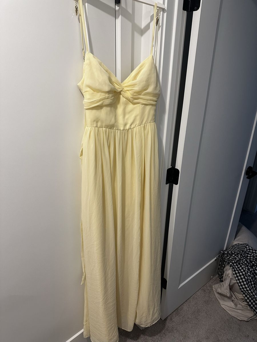 Azazie Yellow Maxi Dress - Spaghetti Strap, Pleated Bust, Slit, Tie-Back Detail