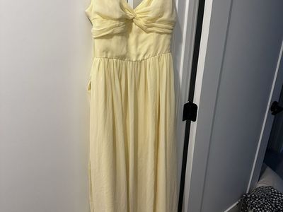 Azazie Yellow Maxi Dress - Spaghetti Strap, Pleated Bust, Slit, Tie-Back Detail