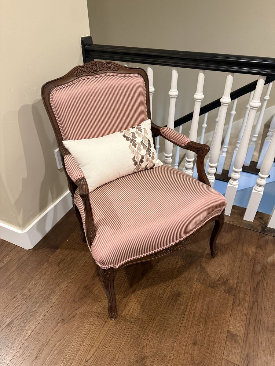 Vintage French Provincial Accent Armchair -  Striped Upholstery, Carved Wood Frame