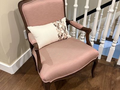 Vintage French Provincial Accent Armchair - Striped Upholstery, Carved Wood Frame