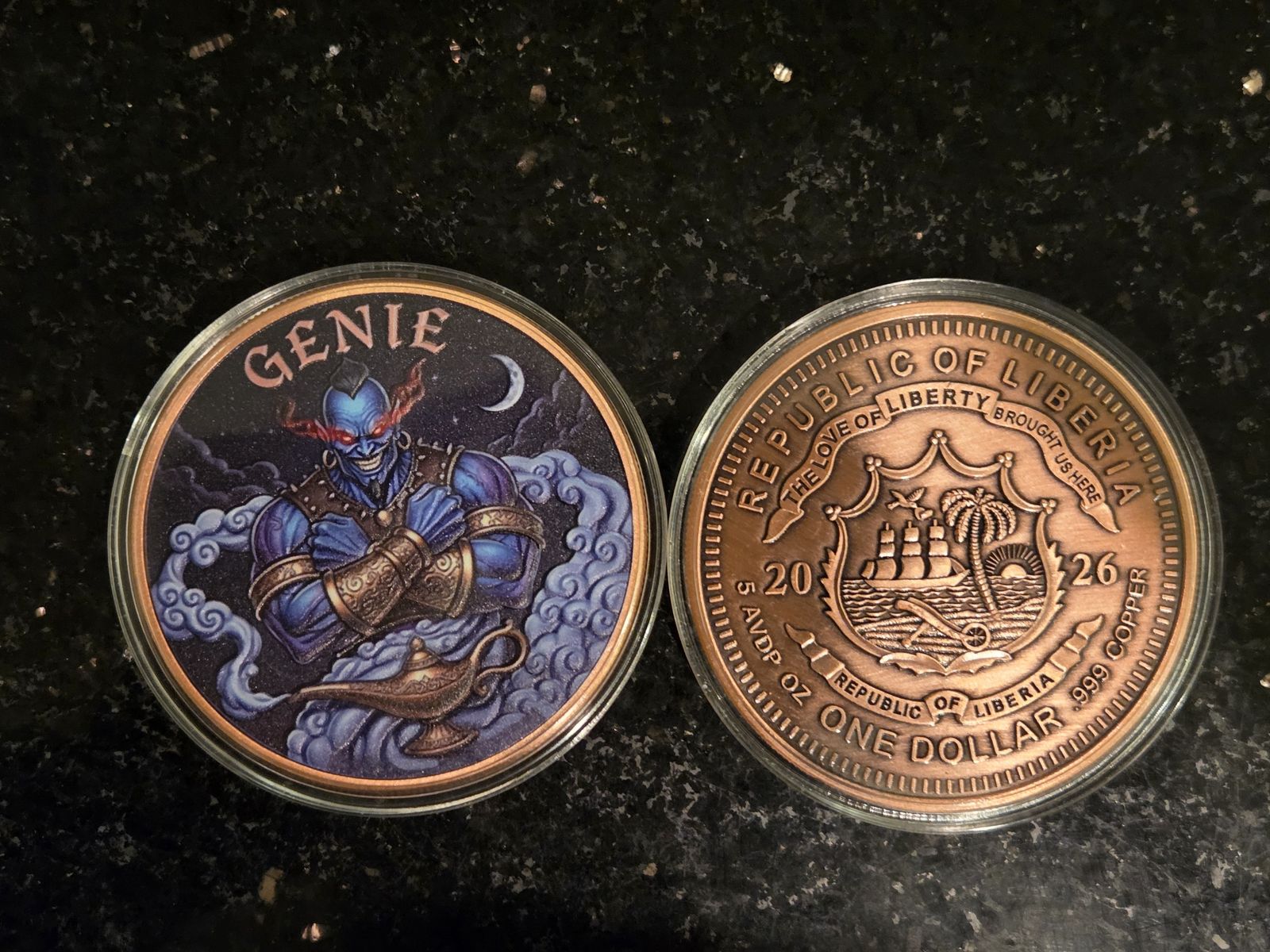 5 oz Copper Genie Liberia Colorized in Capsule (X's 2)