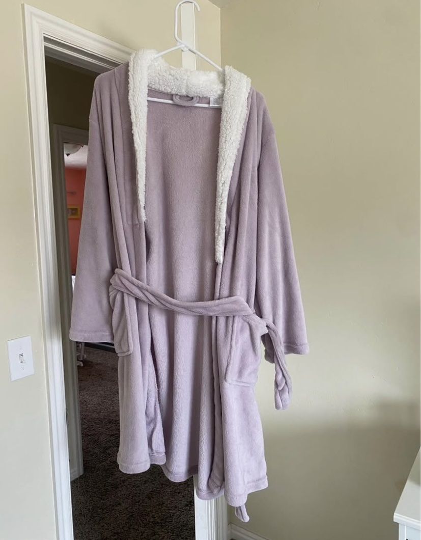 Women's Plush Purple Bathrobe with Sherpa Trim Hood - One Size
