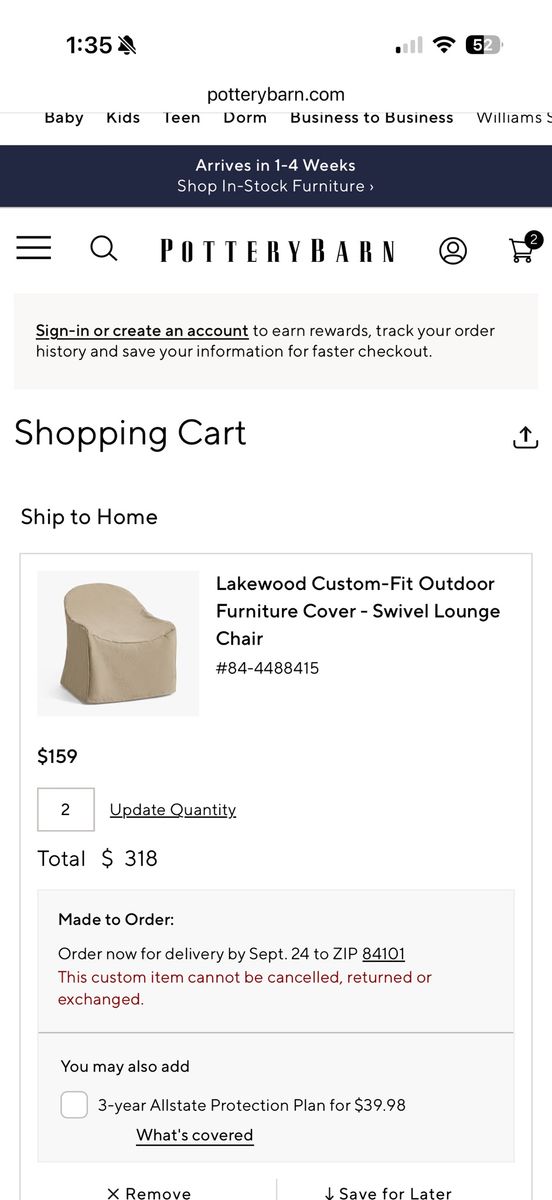 Pottery Barn Lakewood Custom-Fit Outdoor Furniture Cover - Swivel Lounge Chair