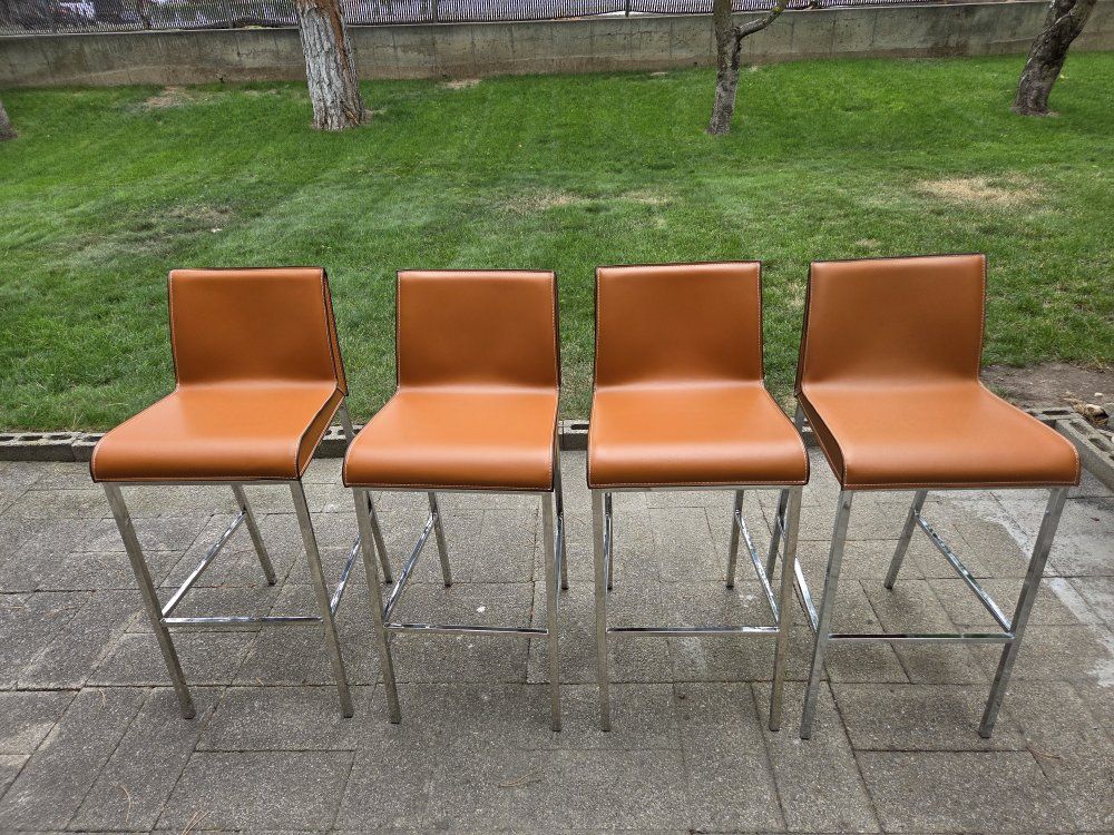 Modern Orange/Brown Leather Bar Chairs with Chrome Legs - Set of 4 $250