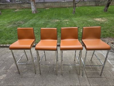 Modern Orange/Brown Leather Bar Chairs with Chrome Legs - Set of 4 $250