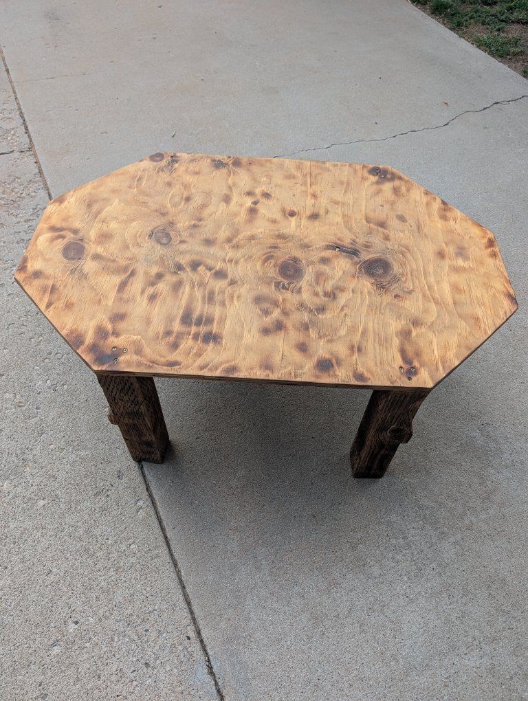 Handmade Rustic Wooden Coffee Table with Torch-Finished Top and Sturdy Legs