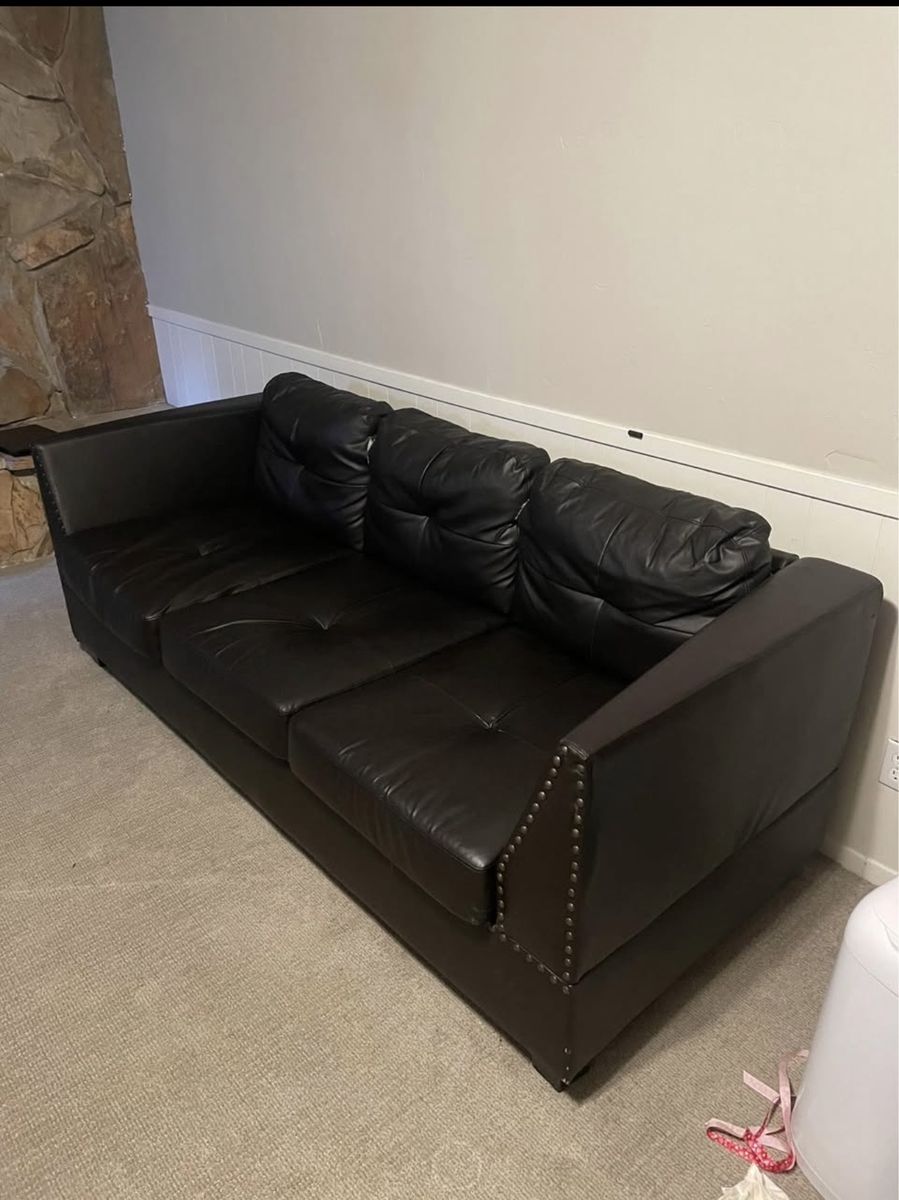 Black Leatherette 3-Seater Sofa with Nailhead Trim - Modern/Traditional Style Couch