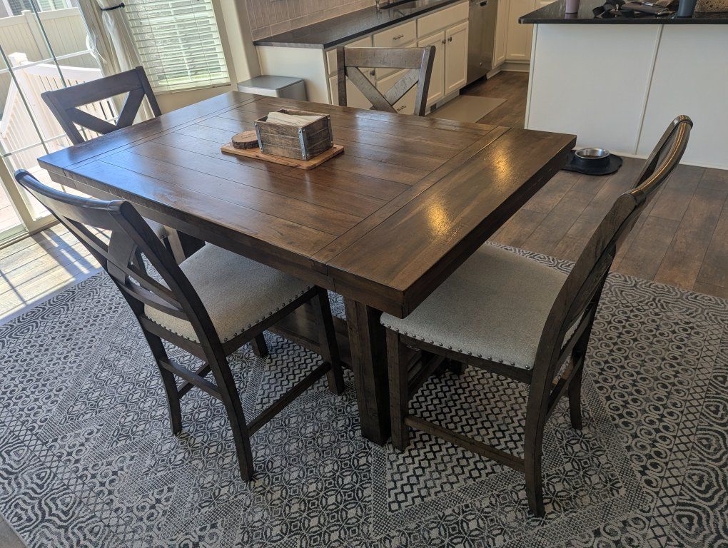 Wooden Counter Height Dining Set - Table with 4 Cushioned X-Back Stools, Extendable Leaf, Dark Wood