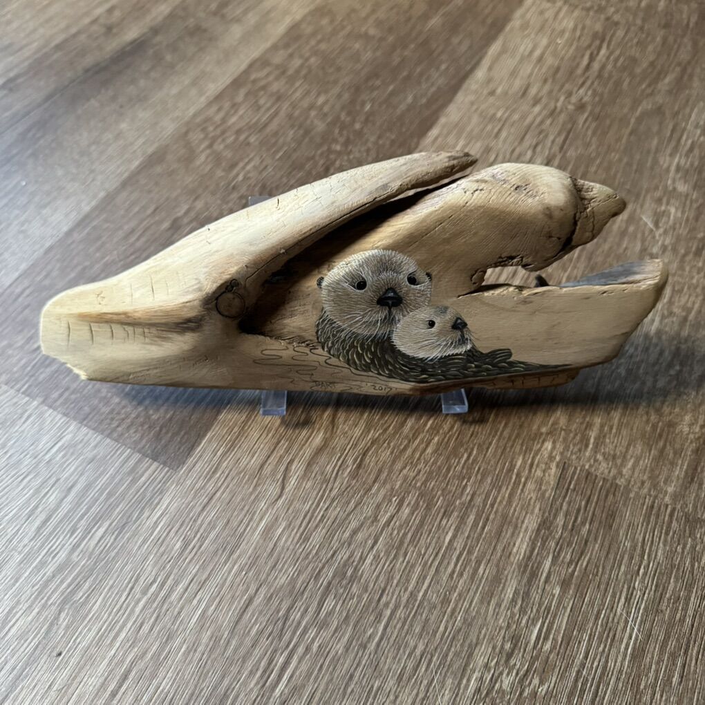 Hand Painted Sea Otter Mom and Baby on Driftwood