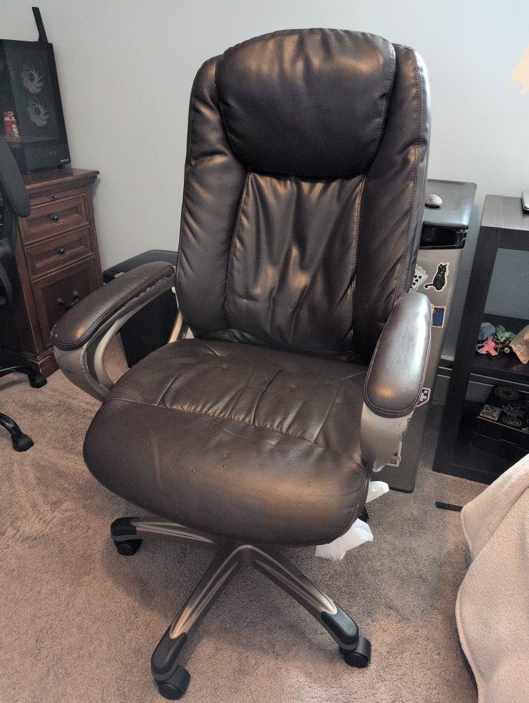 Used Brown Faux Leather Swivel Office Chair with Armrests
