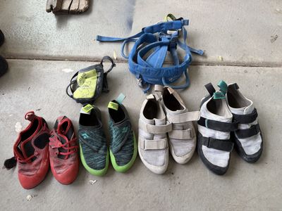 Kids rock climbing shoes and harness