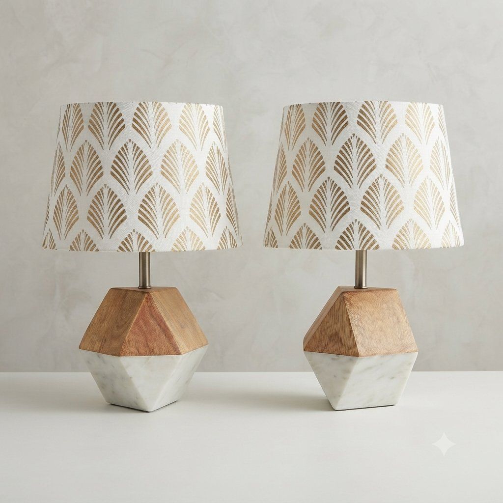 Modern Geometric Wood & Marble Table Lamps – Set of 2