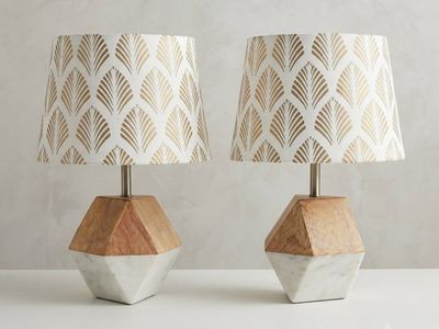 Modern Geometric Wood & Marble Table Lamps – Set of 2