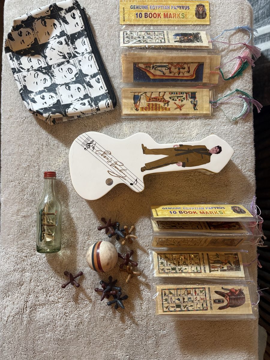 Elvis Presley Collectible Guitar Tray, Marilyn Monroe Pouch, Egyptian Papyrus Bookmarks, Jacks Game Set