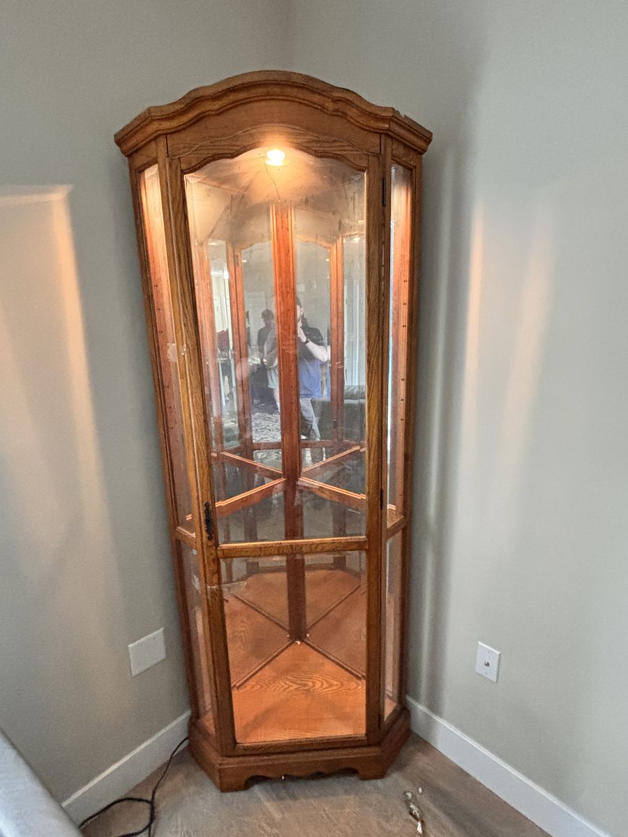 Solid Oak Lighted Corner Curio Cabinet with Beveled Glass, Mirrored Back, Glass Shelves & Key