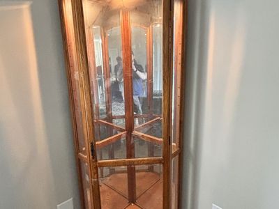 Solid Oak Lighted Corner Curio Cabinet with Beveled Glass, Mirrored Back, Glass Shelves & Key