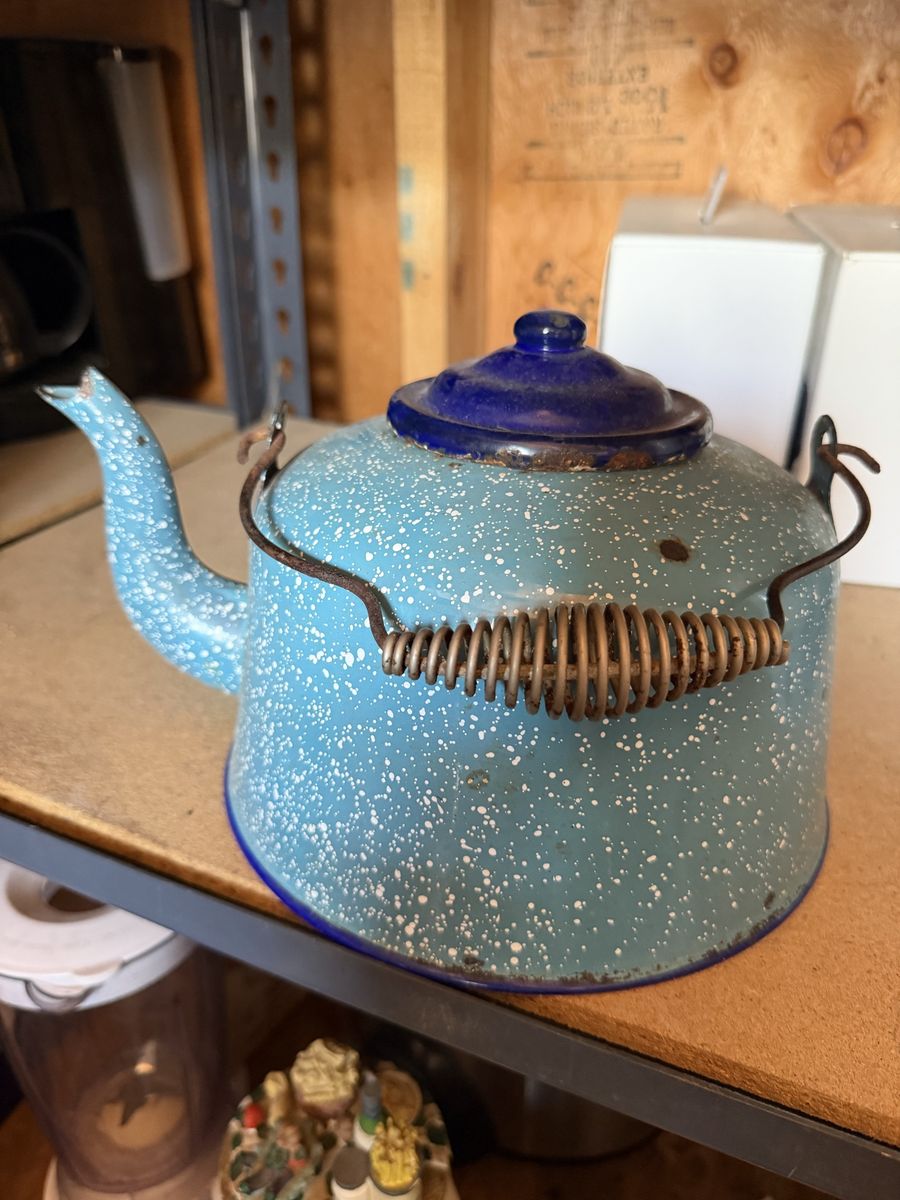 Vintage Blue Graniteware Enamelware Tea Kettle with Wire Bail Coil Handle