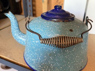 Vintage Blue Graniteware Enamelware Tea Kettle with Wire Bail Coil Handle