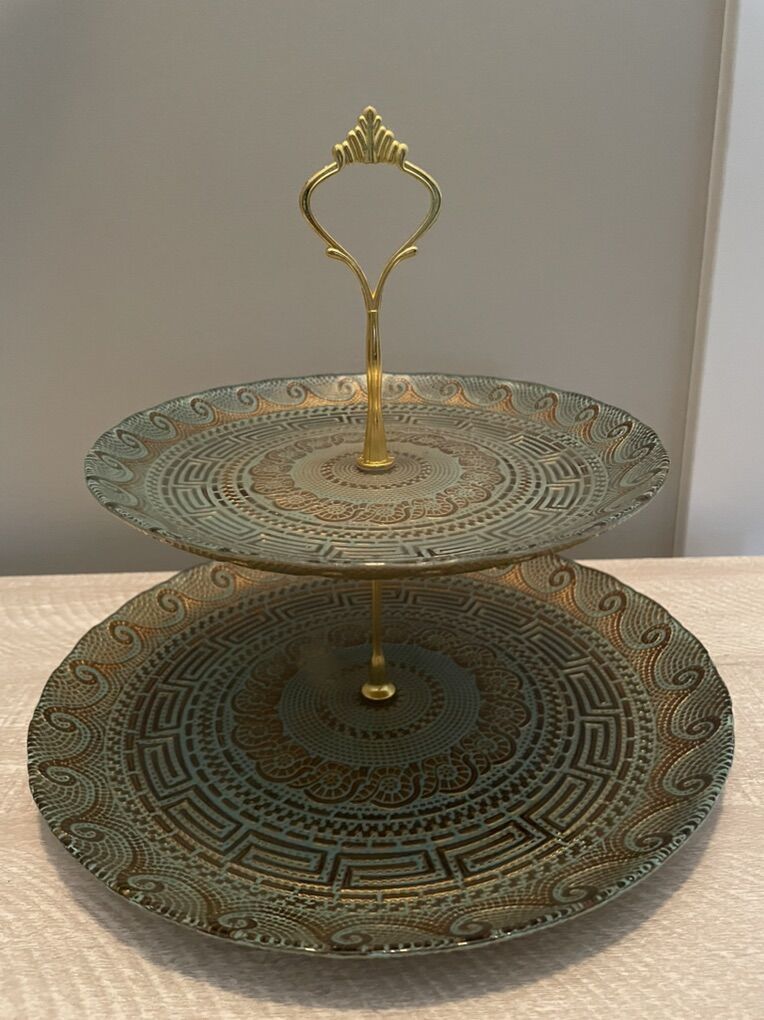 Metallic Gold And Teal Green Finish Tiered Tray