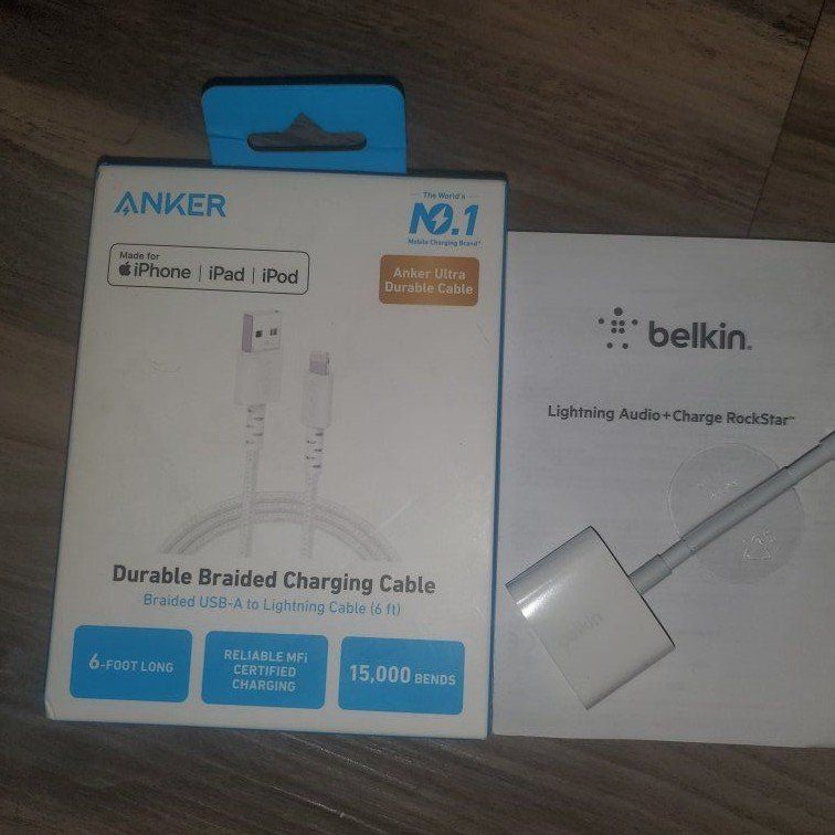 Anker 6ft Braided USB-A to Lightning Cable & Belkin Lightning Audio + Charge RockStar Adapter