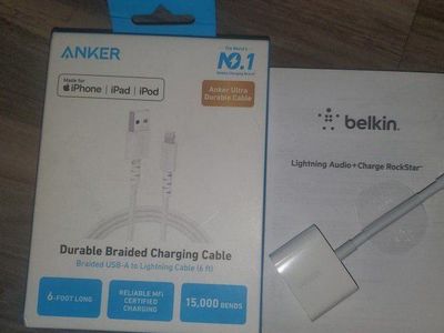 Anker 6ft Braided USB-A to Lightning Cable & Belkin Lightning Audio + Charge RockStar Adapter