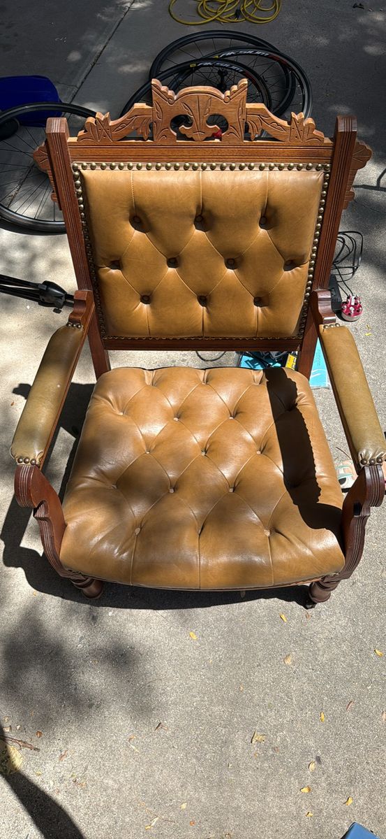 Vintage Tufted Leather and Wood Accent Armchair with Casters