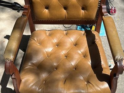 Vintage Tufted Leather and Wood Accent Armchair with Casters