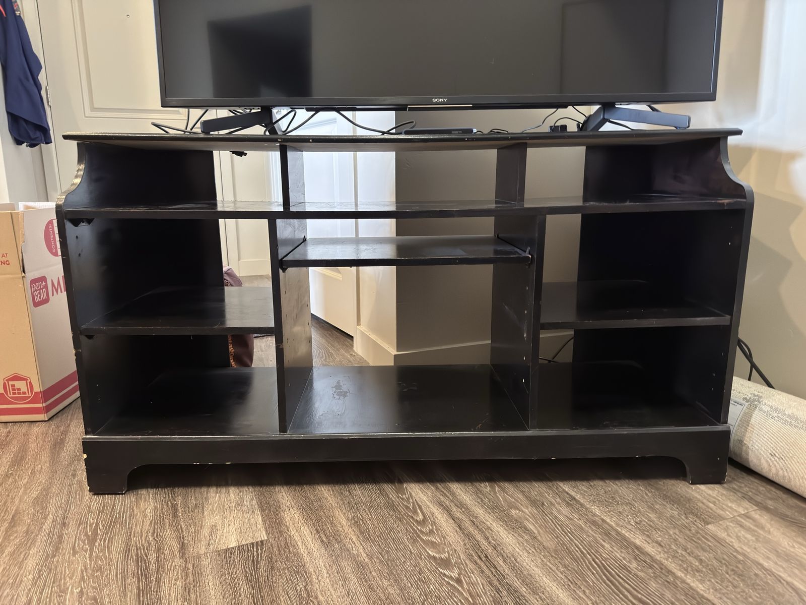 FREE Black Wooden TV Stand Entertainment Center - Multi-Shelf Storage