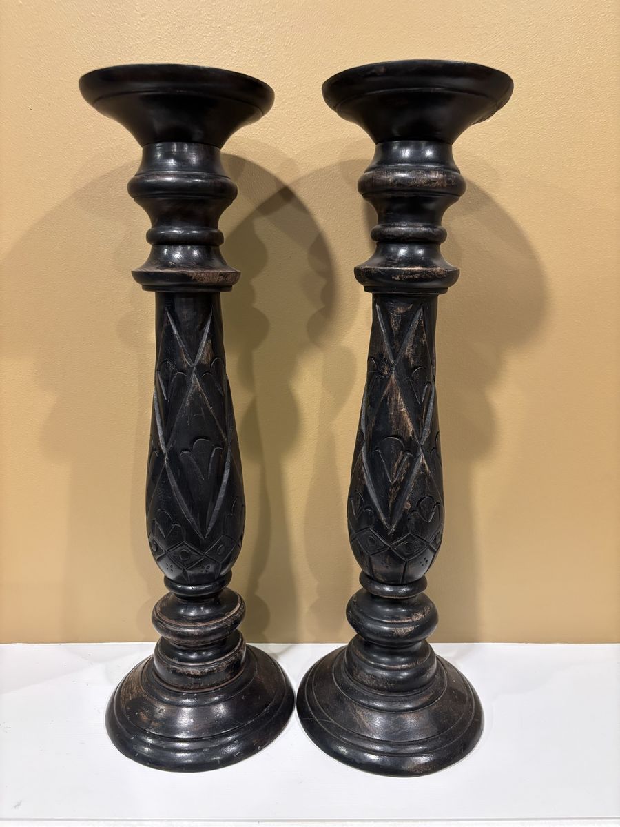 SET OF 2 BLACK WOOD CANDLESTICKS 18”