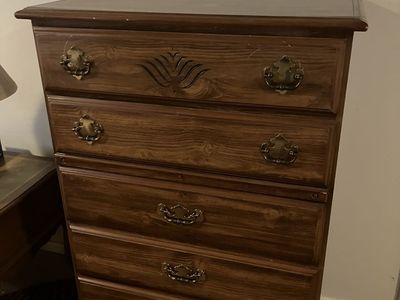Vintage 5-Drawer Wood Dresser Chest of Drawers with Ornate Brass Pulls