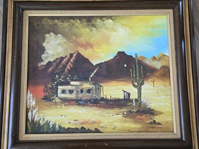 Vintage Mid Century Desert Landscape Oil Painting Signed E. Showalter Framed