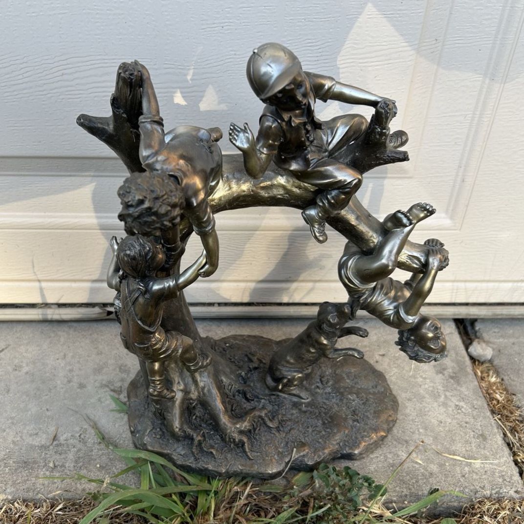14" Kids Playing with Dog on Tree Branch Statue - Lawn/Home Decor Statue