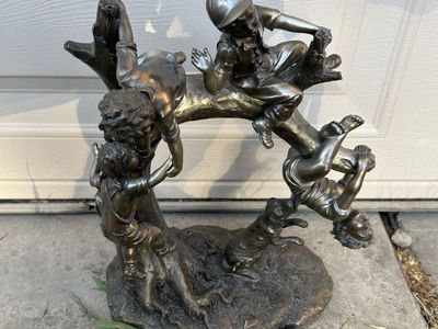 14" Kids Playing with Dog on Tree Branch Statue - Lawn/Home Decor Statue