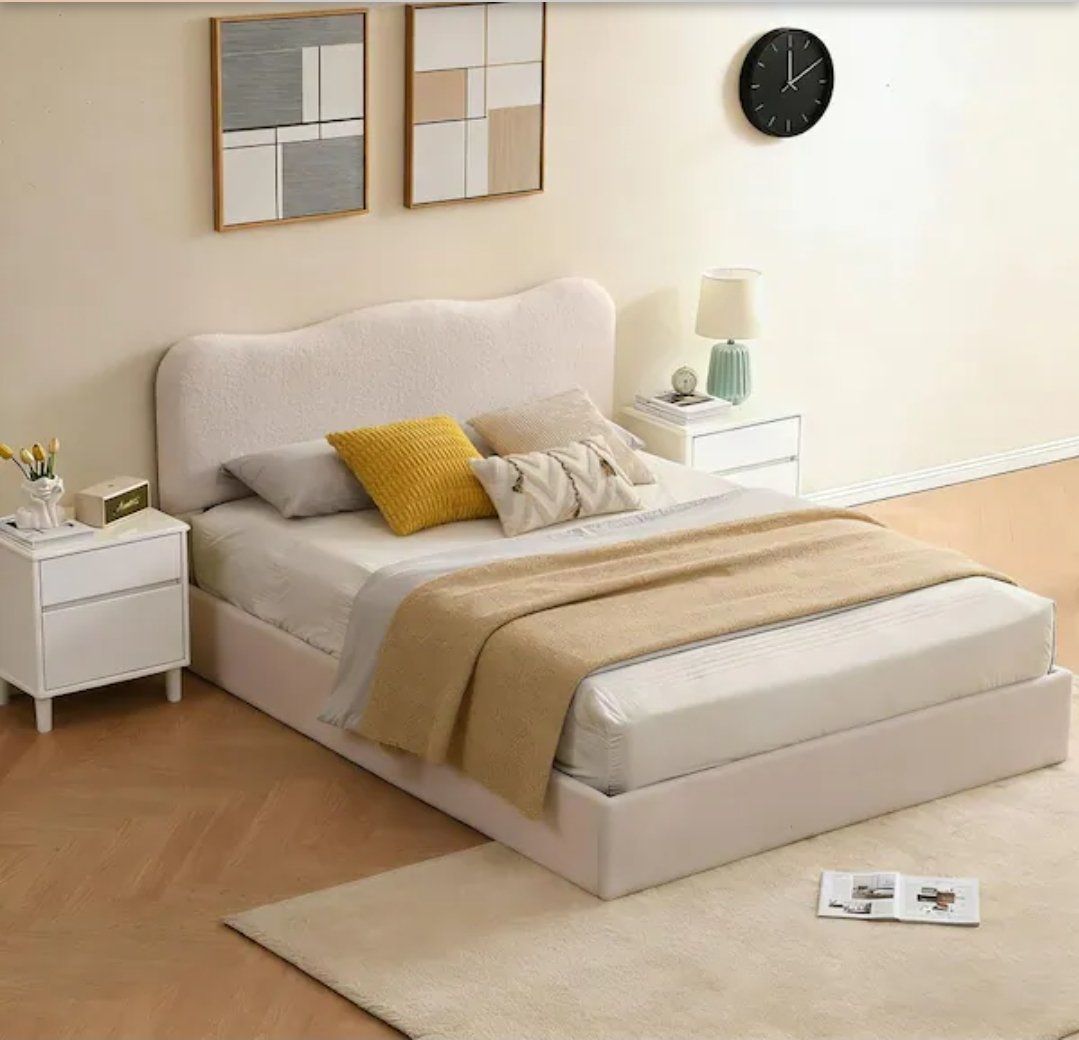 NEW Full Size White Boucle Lift-Up Storage Bed Frame | Hydraulic Platform | No Box Spring #463