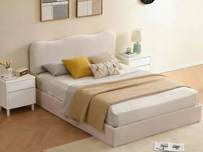 NEW Full Size White Boucle Lift-Up Storage Bed Frame | Hydraulic Platform | No Box Spring #463