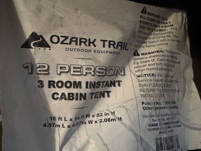 Ozark Trail 16' x 16' 12-Person 3-Room Instant Cabin Tent
